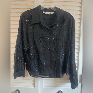 Tunique Nights Black Sequin Silk Embroidered Button-Up Blouse